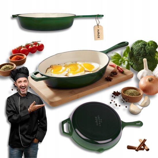 Hage - Cast Iron Frying Pan - Enameled Skillet with High Rim - Induction, Gas, Electric & Oven Safe - For Baking and Roasting - Even Heat Distribution - Ergonomic Handle - Ø26 cm - Bottle Green