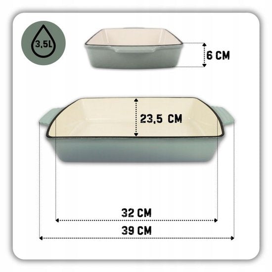 Hage - Bakvorm - Ovenschaal - Gietijzeren Ovenschaal - Emaille Braadslede met Handgrepen - Geschikt voor Inductie, Oven & Alle Warmtebronnen - 3. 5 Liter - 32 x 23,5 cm - Pastel Teal