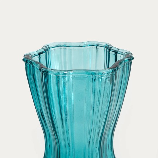 Homla glazen bloemenvaas met golvende rand – turquoise, 13 x 25 cm – foto 2