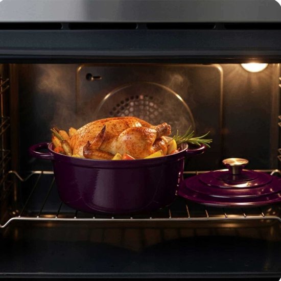 Hage - Cooking Pot - Cast Iron Pot with Lid - Enamelled - Suitable for Induction & Oven - Includes Mini Oven Mitts & Trivet - For Roasting, Stewing, Soup & Bread - 4 Litres - Ø24 cm - Aubergine Purple