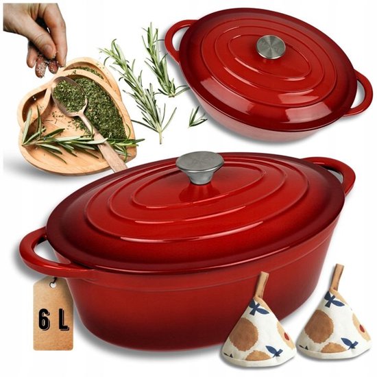 Hage - Cocotte - Cocotte en fonte émaillée avec couvercle - Compatible four et induction - Pour rôtir, mijoter et gratiner - 6 litres - 34 x 26 x 18 cm - Rouge