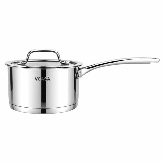 Steelpan 16 cm van rvs met glazen afgietdeksel en maataanduiding, 1,5 liter