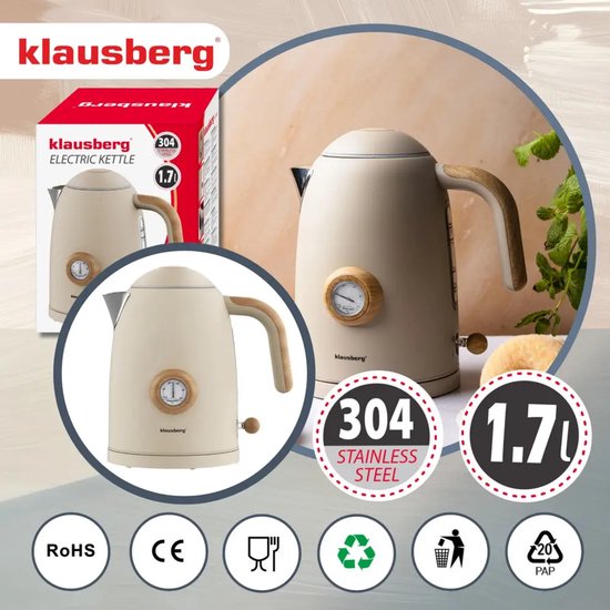 Klausberg retro waterkoker met thermometer – 1,7 l, RVS, beige met houtkleur – foto 4