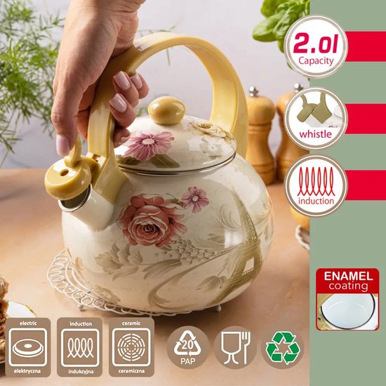 Kinghoff 2038 whistling kettle - Enamel - Cream - 2 litres - Paris