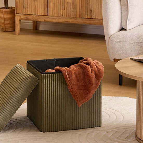 Atmosphera Essestial Ribcord Ottoman / Pouffe - foldable - green - MDF / polyester - 38 cm - with storage - extra seating