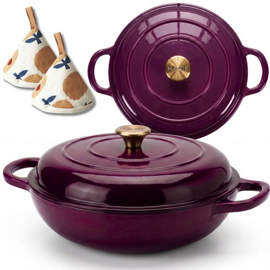 Hage - Braising Pan - Shallow Cast Iron Braiser with Lid - Enameled - Oven & Induction Suitable - For Roasting, Stewing and Casseroles - 3 Liters - 40.5 x 30 x 10.5 cm - Aubergine Purple