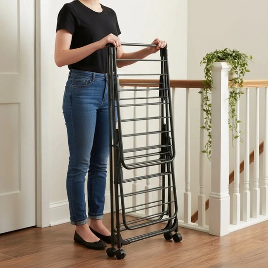 Kinghoff KH-2046 inklapbaar wasrek van staal met hangerrek en wielen, zwart, 157 cm