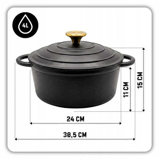 Hage - Enameled Cast Iron Casserole - Dutch  Oven with Lid - Suitable for Induction, Gas & Oven - Pot for Roasting, Stewing and Baking - Includes Pot Holder & Hand Protectors - 4L - Ø24 cm - Matte Black
