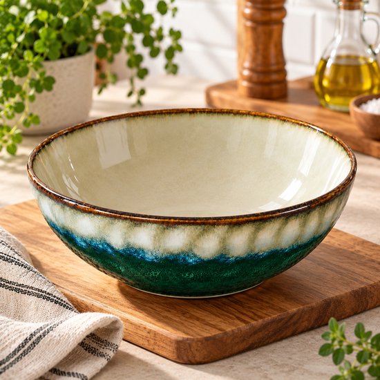 MPLCo - Bol en céramique - Plat de service - Bol à petit-déjeuner - Bol à soupe - Saladier - Lavable au lave-vaisselle - Compatible four et micro-ondes - Forme organique - Céramique - 500 ml - Ø18 cm - Vert et gris