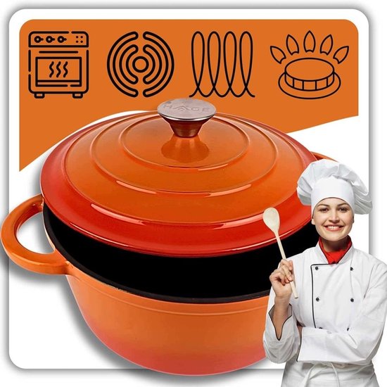 Hage - Casserole - Cast Iron Pot with Lid - Enamelled - Induction & Oven Safe - Includes Mini Oven Mitts & Trivet - For Roasting, Stewing, Soup & Bread - 5 Litres - Ø26 cm - Orange