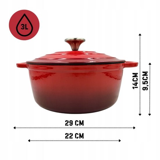 Hage geëmailleerde gietijzeren braadpan 3 liter – Ø 22 cm, rood, inductie – foto 6