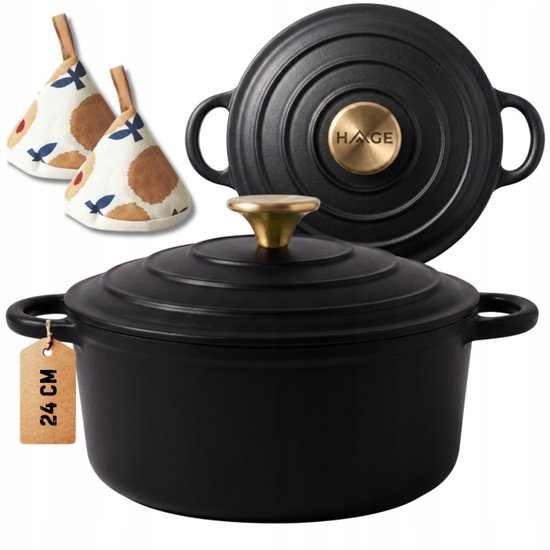 Hage - Enameled Cast Iron Casserole - Dutch  Oven with Lid - Suitable for Induction, Gas & Oven - Pot for Roasting, Stewing and Baking - Includes Pot Holder & Hand Protectors - 4L - Ø24 cm - Matte Black