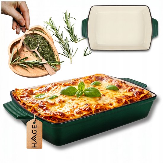 Hage - Plat à four en fonte - Plat à four - Moule de cuisson émaillé - Pour plats au four, viande, tartes et gratins - 3,5 litres - 32 x 23,5 x 6 cm - Vert bouteille