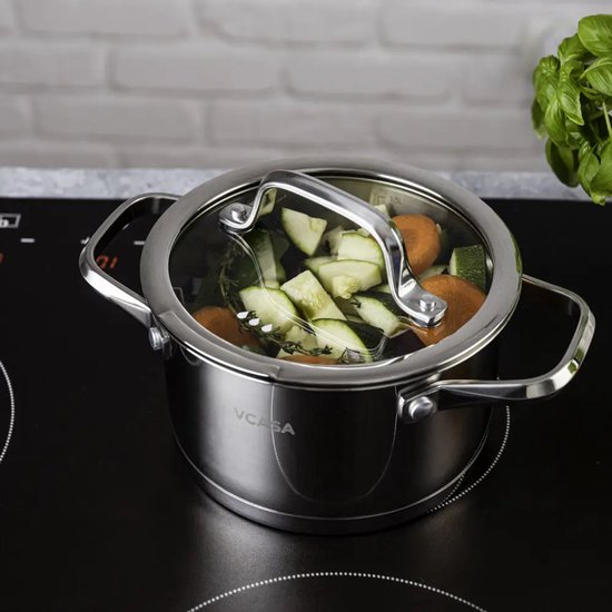 Vcasa kookpan 16 cm met glazen afgietdeksel, 1,8 liter, rvs