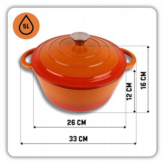 Hage - 4-Piece Cast Iron Kitchen Set - 5L 26 cm Dutch Oven with Lid & 20 cm Frying Pan - 2 Salt and Pepper Mills 100 ml - Enamelled - Induction, Gas & Oven - Ceramic Grinding Mechanism - Orange