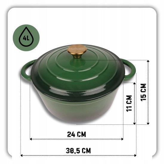 Hage - 3-Piece Cast Iron Casserole Set - Dutch Oven Set - 3L, 4L, and 5L with Lids - Enameled Cooking Pots - Ø22, Ø24, and Ø26 cm - Induction - Oven Safe - Heat Retention - Bottle Green
