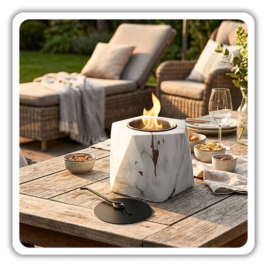 Hage - Table Fireplace - Bio Fireplace - Freestanding Bio-Ethanol Table Fireplace - Smokeless Decorative Fireplace for Indoor & Outdoor - Freestanding - 13 x 10 cm - White Marble Look with Gold Accents