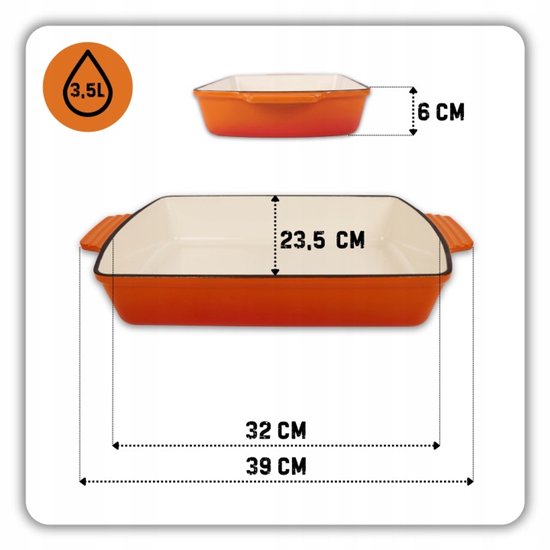 Hage - 3-Piece Kitchen Set - Baking Dish 3.5 L - Cast Iron Baking Mold with Enamel - Rectangular Roasting Pan for Oven - Meat, Pastries, and Casseroles - Sturdy Baking Dish with Handles - Even Heat Distribution - Orange