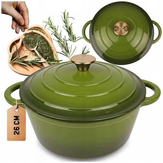 Hage geëmailleerde gietijzeren kookpan – 5 liter, Ø 26 cm, olijfgroen