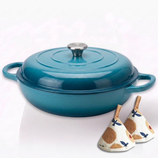 Hage gietijzeren braadpan 30 cm, 3 liter, azuurblauw, met deksel en 2 handgreephoezen