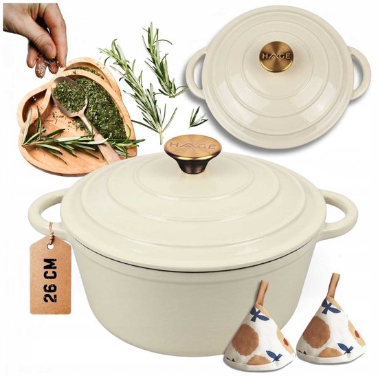 HAGE Cast Iron Enameled Pan 26 cm 5L Cream
