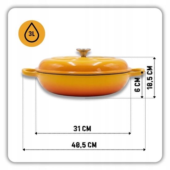 Hage - Braadpan - Lage Gietijzeren Braadpan met Deksel - Geëmailleerd - Oven & Inductie Geschikt - Voor Braden, Stoven en Ovenschotels - 3 Liters - 40,5 x 30 x 10,5 cm - Mosterdgeel
