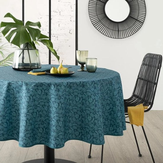 Atmosphera rond tafelkleed van polyester - Ø 180 cm - blauw met bladprint