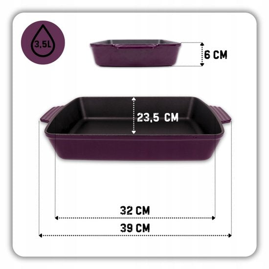 Hage - 3-Piece Cast Iron Oven Set - 6L Roasting Pan with Lid 34 cm & Baking Dish 3.5L 32 x 23.5 cm - Enameled Frying Pan 20 cm - Induction, Gas & Oven - For Roasting, Baking & Casseroles - Aubergine