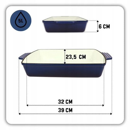 Hage - Cast Iron Baking Dish - Baking Dish - Enamelled Baking Pan - For Oven Dishes, Meat, Cakes and Casseroles - 3.5 Litres - 32 x 23.5 x 6 cm - Blue