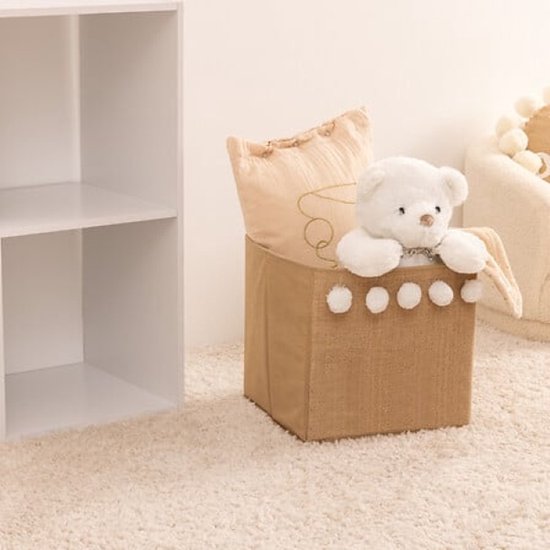 Pompom opbergdozen, set van 2 – opvouwbaar, jute look, karamelbruin, 29 cm – foto 2
