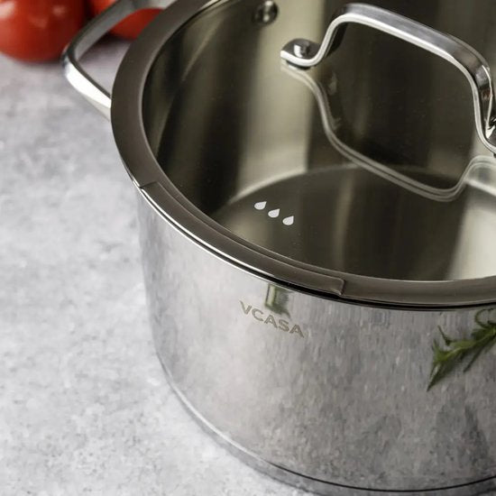 Vcasa rvs kookpan 24 cm, 5,8 liter, met glazen afgietdeksel en maataanduiding