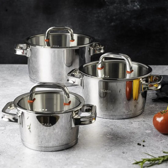 Vcasa pannenset 6-delig, 3 kookpannen 16, 20 en 24 cm met glazen deksels, rvs