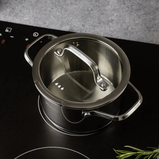 Vcasa kookpan 16 cm met glazen afgietdeksel, 1,8 liter, rvs