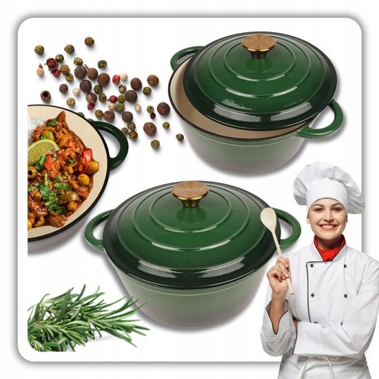 Hage - Cocotte - Cocotte en fonte  émaillée - Casserole - Compatible induction, gaz et four - Dessous de plat et protège-poignées inclus - 3 litres - Ø22 x 9,5 cm - Vert foncé