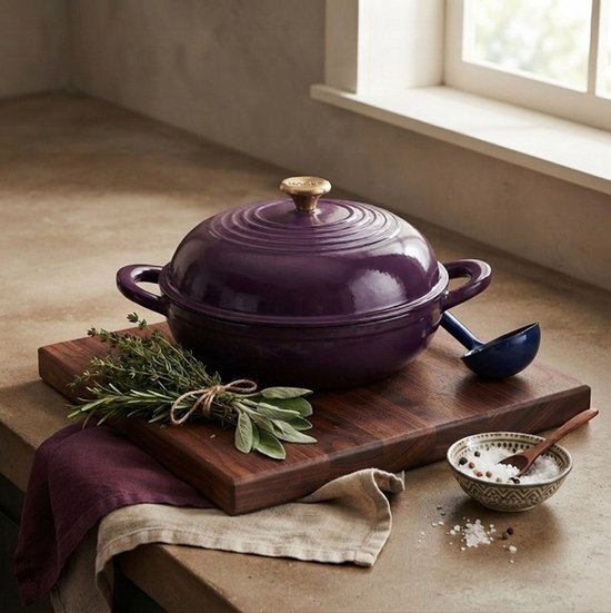 Hage - Enameled Dutch Oven - Cast Iron Casserole Dish with Lid - Oven Safe & Suitable for Induction, Gas, and Ceramic Hobs - For Bread, Gratins & Stews - Includes Pot Holders - 2 Liters - Ø26 x 16.5 cm - Aubergine