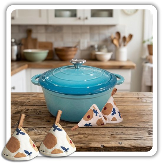 Hage gietijzeren kookpan 22 cm met deksel, 3 liter, geëmailleerd, azuurblauw
