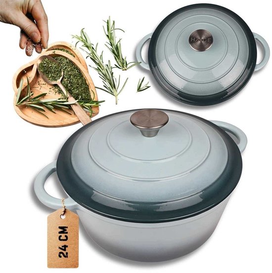 Hage - Cooking Pot - Cast Iron Pot with Lid - Enamelled - Induction & Oven Safe - Includes Mini Oven Mitts & Trivet - For Roasting, Stewing, Soup & Bread - 4 Litres - Ø24 cm - Mint Green