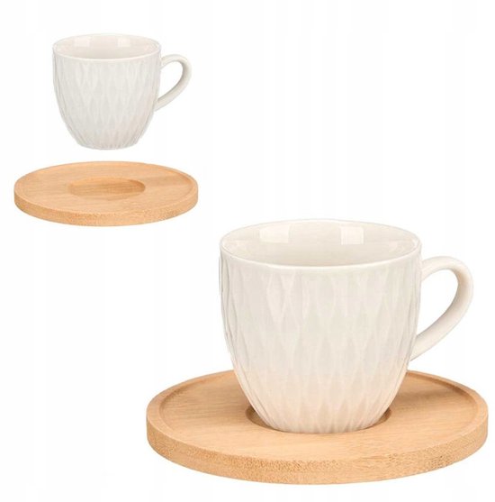 Koffieservies set voor 6 personen – crème porselein met bamboe schotels, 90 ml – foto 2