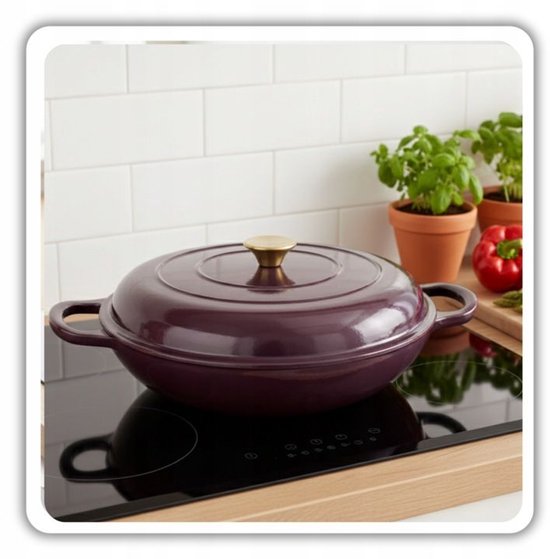 Hage - Braising Pan - Shallow Cast Iron Braiser with Lid - Enameled - Oven & Induction Suitable - For Roasting, Stewing and Casseroles - 3 Liters - 40.5 x 30 x 10.5 cm - Aubergine Purple