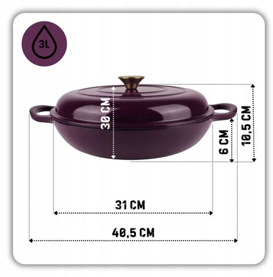 Hage - Braising Pan - Shallow Cast Iron Braiser with Lid - Enameled - Oven & Induction Suitable - For Roasting, Stewing and Casseroles - 3 Liters - 40.5 x 30 x 10.5 cm - Aubergine Purple