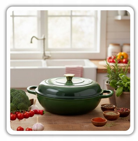 Hage - Casserole - Enameled Cast Iron Casserole - Cast Iron Casserole - Suitable for Induction, Gas & Oven - Includes Trivet & Handle Protectors - 3 Liters - Ø30 x 10.5 cm - Dark Green