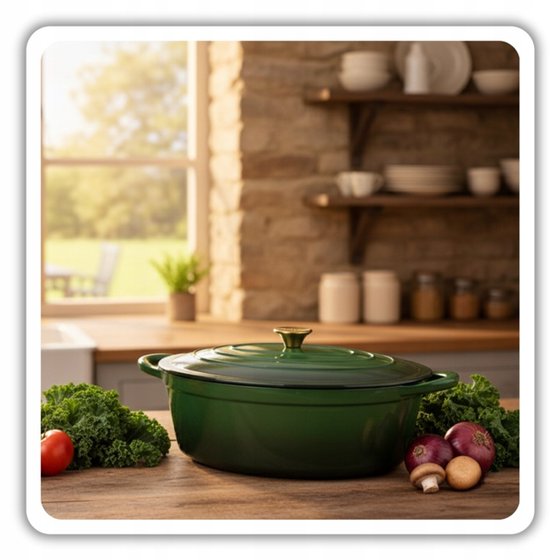 Hage - Cast Iron Roasting Pan - Enameled Dutch Oven with Lid - For Roasting, Stewing & Casseroles - Suitable for Induction, Gas & Oven - Includes Pan Holder & Hand Protectors - 6 Liters - 34 x 26 x 18 cm - Bottle Green