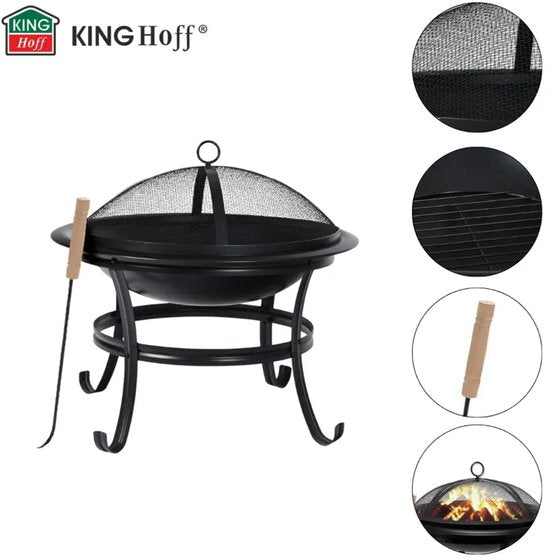 KINGHoff - Brasero - Cheminée d'extérieur avec grill - Foyer de terrasse avec pare-étincelles - Brasero de jardin au charbon de bois - Pilon inclus - Métal - Ø54,5 x 53 cm - Noir