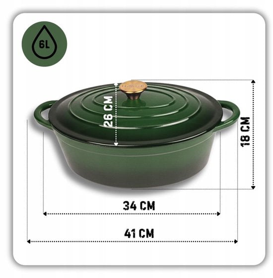 Hage - Cocotte en fonte - Sauteuse en fonte émaillée avec couvercle - Pour rôtir, mijoter & gratins - Convient pour induction, gaz & four - Inclut manique & protège-mains - 6 litres - 34 x 26 x 18 cm - Vert bouteille