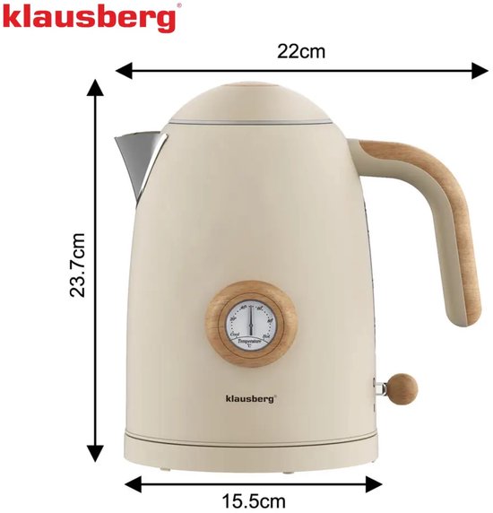 Klausberg retro waterkoker met thermometer – 1,7 l, RVS, beige met houtkleur – foto 5
