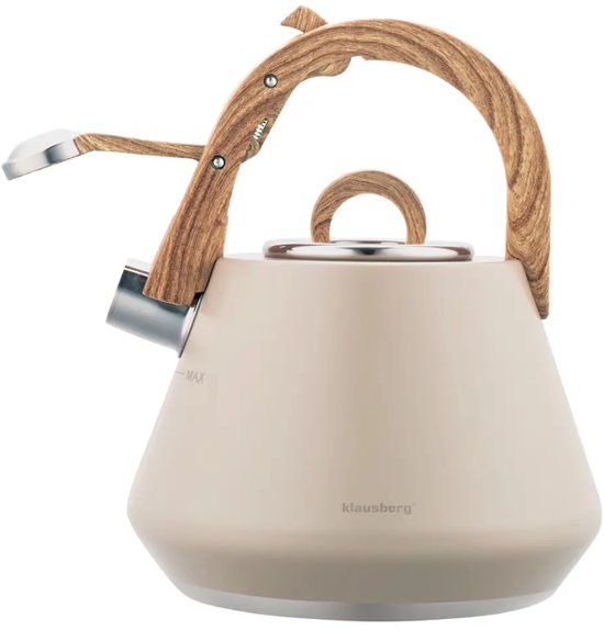 Klausberg 7950 fluitketel beige – RVS met houten handvat, 2,5 liter