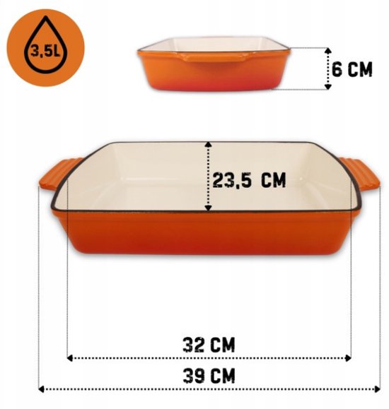 Hage - Plat à four en fonte - Plat à four - Moule de cuisson émaillé - Pour plats au four, viande, tartes et gratins - 3,5 litres - 32 x 23,5 x 6 cm - Orange