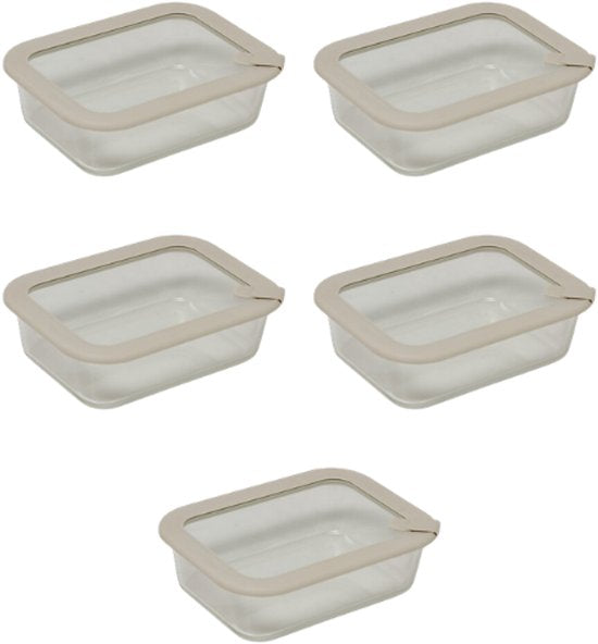 5-Delige - Vershoudbakjesset - Meal Prep Bakjes - Lunchbox - Rechthoekige Bewaardozen van Borosilicaatglas - Magnetron- & Vaatwasserbestendig - 950 ml - 20,3 x 15,2 x 6,2 cm - Transparant met Grijs Deksel
