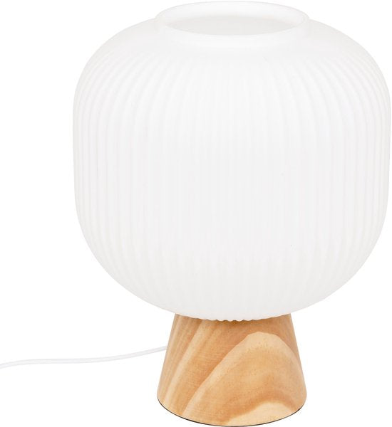 Atmosphera Travis tafellamp – geribbeld wit glas op houten voet, Ø 20 cm – foto 2