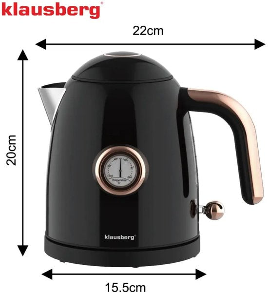 Klausberg retro waterkoker met thermometer – 1 liter, 1200 W, RVS zwart – foto 2